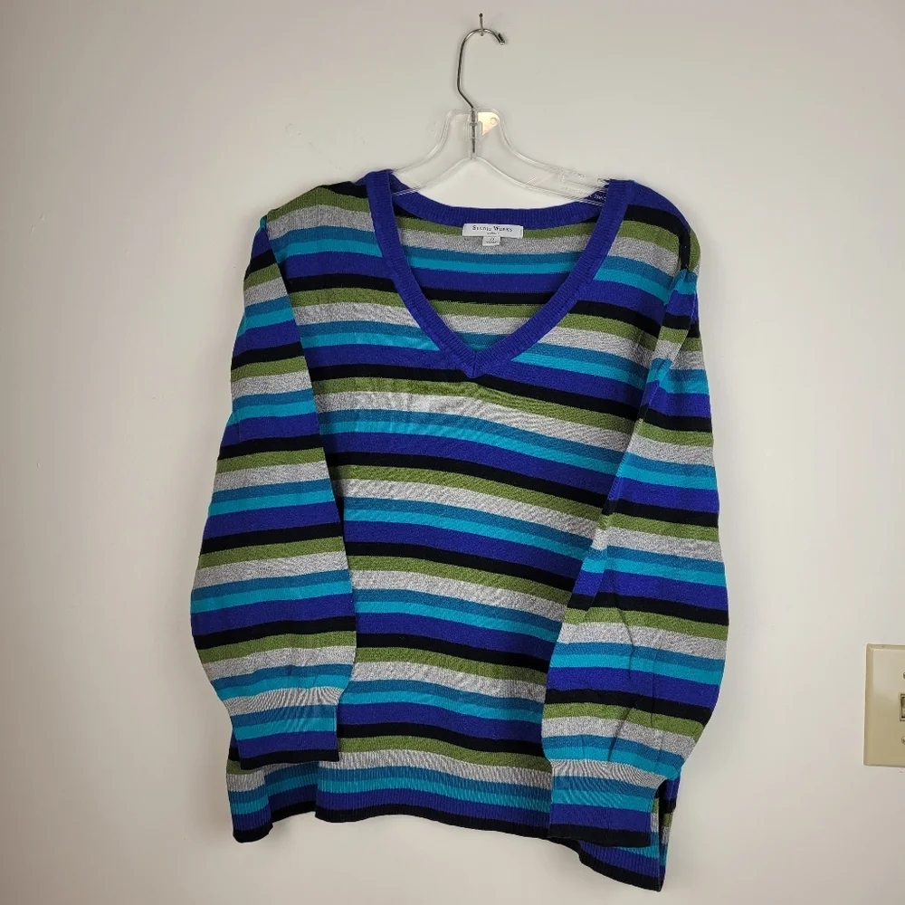 Studio Works Blue Olive Gray Striped V-Neck Light Sweater Nautical Preppy 2X - Picture 3 of 11